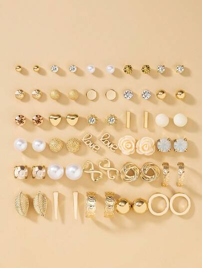 30 Pairs Metal Faux Pearl Rhinestone Stud Earrings Set, Minimalist Letter & Heart Shaped Designs, Suitable For Women Vacation & Casual Wear, Holiday Gift
