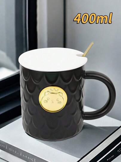 Taza de cerámica con patrón de escamas de pez creativa de 400 ml con tapa y cuchara, asa resistente al calor, taza de café de oficina de lujo ligero