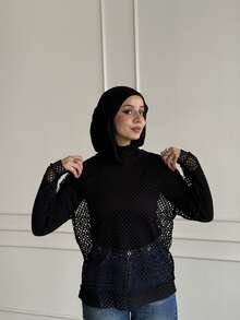 DAZY 女士宽松透视网纱上衣，外出上衣，节日长袖女式上衣，秋季女装春季款 - 黑色 - 查看 2