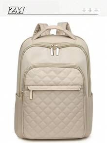 Women's Nylon Solid Color Quilted Large Capacity Versatile Backpack, Minimalist Casual Student Backpack, Commuter Bag - Beige - View 9