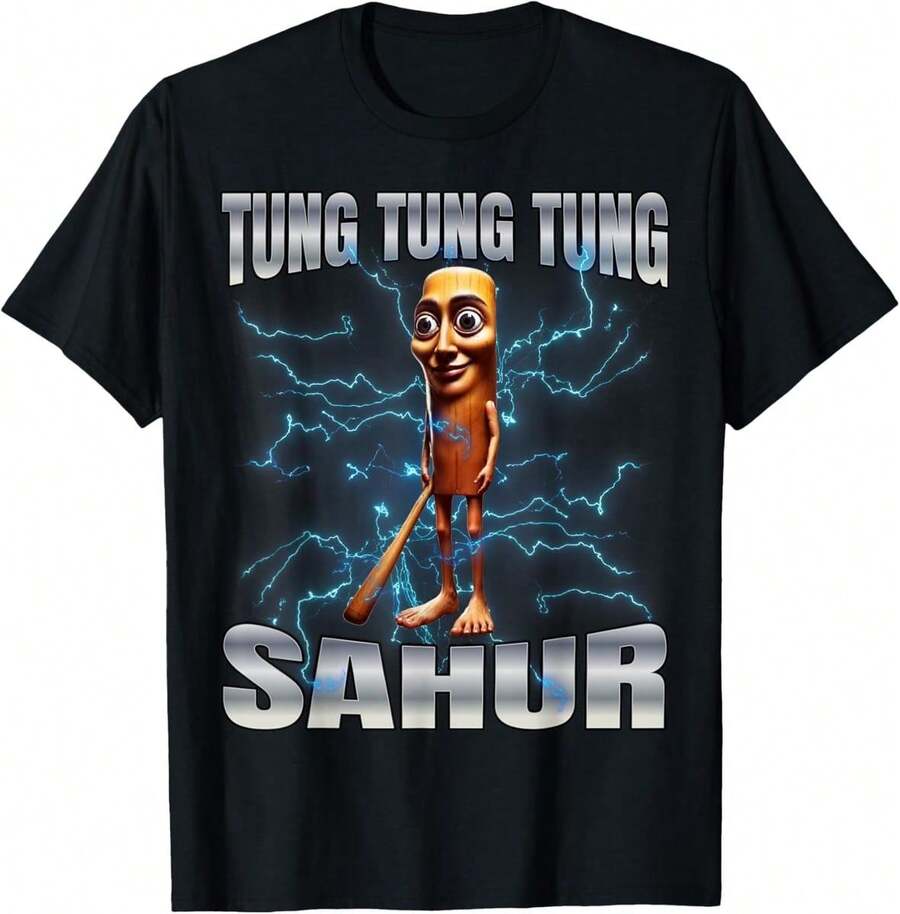 % Cotton Unisex Tung Tung Tung Sahur-Shirt Women Graphic Shirts - 黑色 - 查看 1