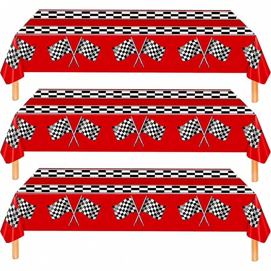 TendenciaPaquete de 3 manteles de coche de carreras a cuadros – decoraciones de fiesta de cumpleaños para coche de carreras, manteles de fiesta infantiles, 54 x 108 pulgadas, rectangulares desechables paraCalidad premium - Rojo Negro Blanco Cuadros - Ver 1
