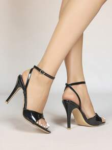 Giày sandal cao gót mũi nhọn cho nữ, mũi tròn, quai rộng có khóa kim loại, kiểu dáng thanh lịch và thời trang, hở mũi, kiểu cơ bản phù hợp cho tiệc tùng, mùa hè và mùa thu. - màu đen - Xem 3