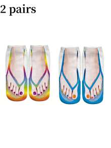 1/2/4双装3D人字拖袜，趣味新奇男女通用短袜，女士长筒袜 - 彩色 - 查看 11