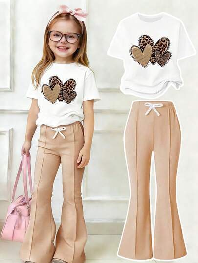 Toddler Girls' Cartoon Print Round Neck Short Sleeve Top And Flare Pants Set