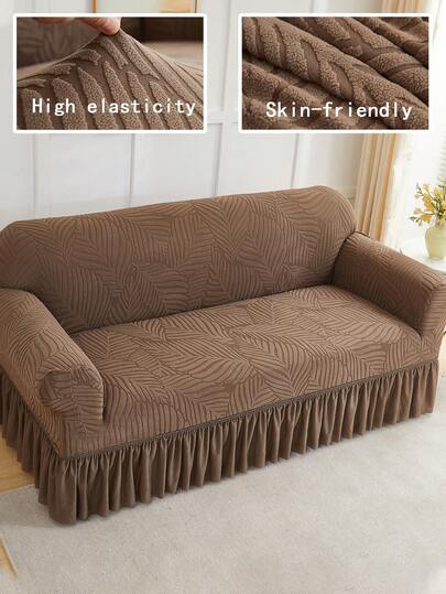1pc Coffee Plush Fabric Leaf Pattern Elastic Skirt Style Sofa Cover, Skirt Design Sofa Home Protective Cover, Nordic Modern Polyester Anti-Dust Anti-Slip Thickened Sofa Slipcover, Fits 1/2/3/4 Seater Sofa, Especially Suitable For Autumn/Winter Sofa Home Decor