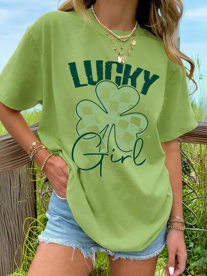 1 Piece Cute & Edgy Lucky Style Teen T-Shirt For Girls, Clover Slogan Top, Spring & Summer Casual Outdoor Wear