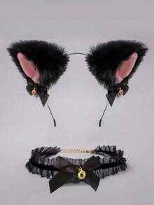 2件装女士性感猫耳发箍，带铃铛和蝴蝶结，派对装饰，万圣节礼物，秋季时尚发饰，情人节装扮