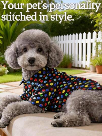 1 pieza Ropa de lujo y exquisita para mascotas, camisa de manga corta con estampado de corazón colorido, diseño creativo, suave y cómoda, tacto fresco, adecuada para primavera, verano y otoño, para cachorros y perros pequeños