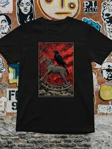 Gothic Raven T-Shirt Dark Crow & Horse Graphic Tee, Occult Horror Metal Gothic - 黑色 16 - 查看 1