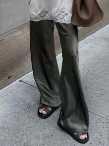Women's Spring Summer Satin Pants High Waist Solid Color Loose Wide Leg Trousers - 軍綠色 - 查看 3