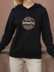Deportes de ocio femenino suéter de manga larga sudadera con capucha estampada con letras de moda otoño e invierno transporte nacional femenino - Negro - Ver 1