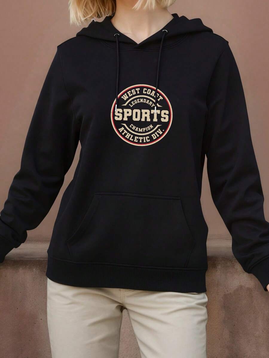 Deportes de ocio femenino suéter de manga larga sudadera con capucha estampada con letras de moda otoño e invierno transporte nacional femenino - Negro - Ver 1