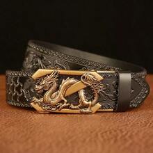 Multicolored Western Cowboy Genuine Leather Belt - V Buckle Dragon Pattern Automatic Buckle Belt Men Fashion Retro Waist Strap Decoration Floral Engraved For Jeans Belt - 樣式類型4 - 查看 1