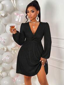 Amarilo Women's Sexy Deep V-Neck Twist Front Lantern Sleeve Glitter Detail Velvet Dress Perfect For Party - Black - View 3