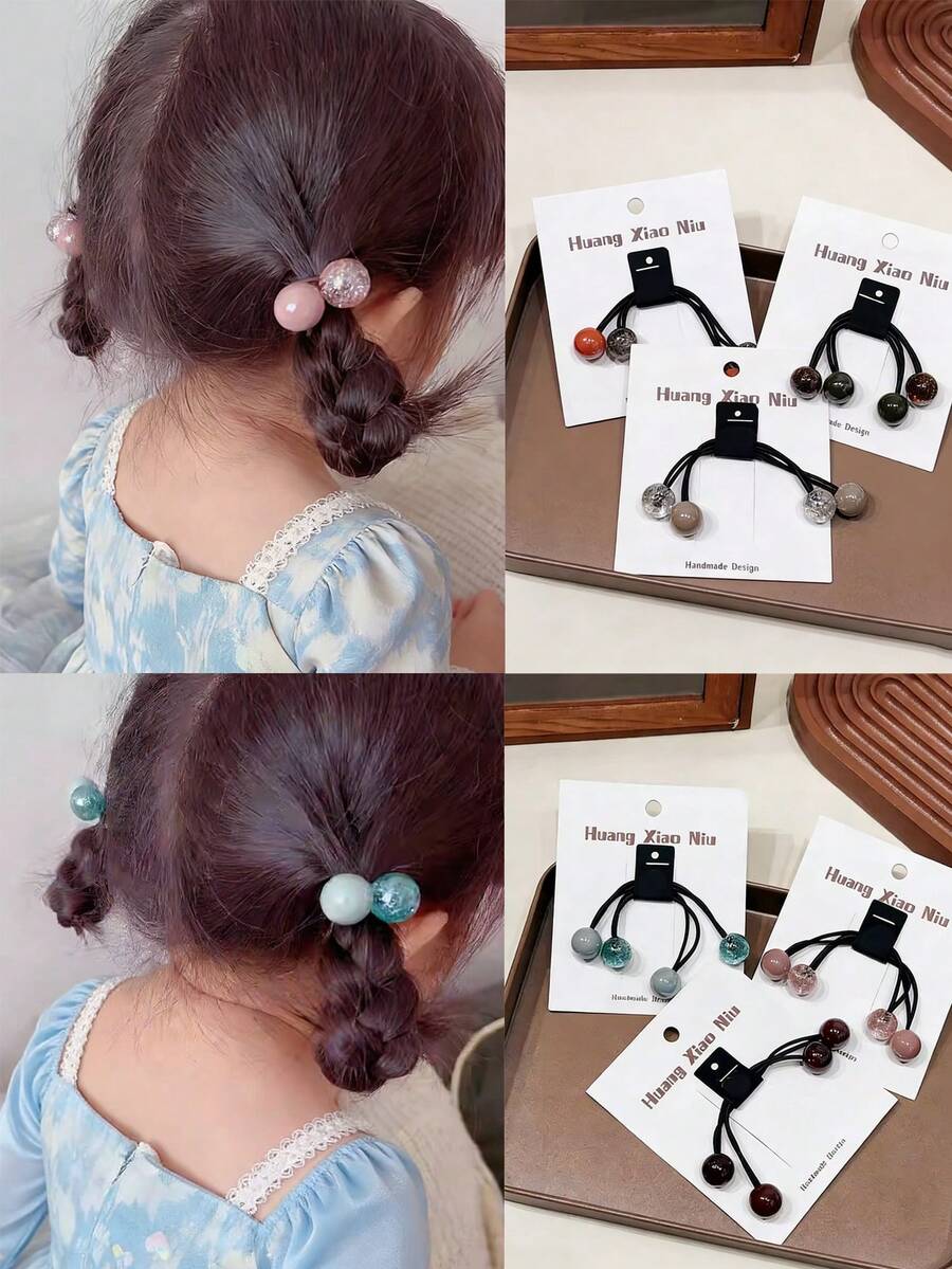 7pcs/Set Kids Colorful Acrylic Beaded Hair Scrunchies, Simple High Elasticity Hair Ties, Versatile For Buns, Ponytails, Daily Use (No Card) - Multicolor - View 1