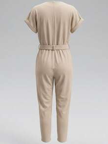 女士两件套休闲V领短袖上衣搭配松紧腰长裤，优雅商务休闲装，配腰带 - 米色 - 查看 9