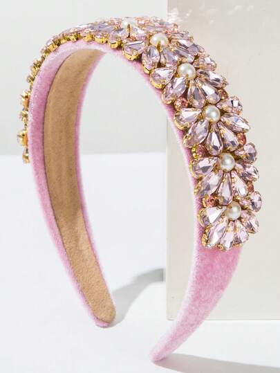 1pc Vintage Black Velvet Headband, Heavily Decorated With Colorful Gemstones And Pearls, Elegant For Parties, Balls, And Fashionable Accessory Hairband Diadema Hair Hoop