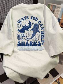 日系女式宽松圆领休闲百搭字母、鱼和海洋印花短袖T恤，春夏款 - 淺花灰 - 查看 4