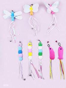 1pc Cat Teaser Wand Toy, Pet Artificial Feather Bell Replacement, Suitable For Cat Exercise And Entertainment, Handheld Teaser Wand With Replaceable Insect-Shaped Wand Heads - Multicolor - View 3