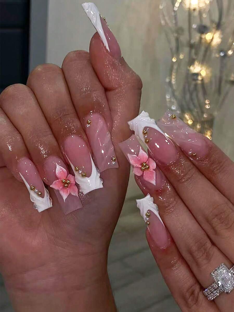 10片方形中长美甲贴纸，粉色3D立体雕刻美甲贴纸，白色简约法式Y2K风美甲贴纸，适合日常佩戴，女士粘贴式美甲贴纸，美甲用品 - 粉色 - 查看 1