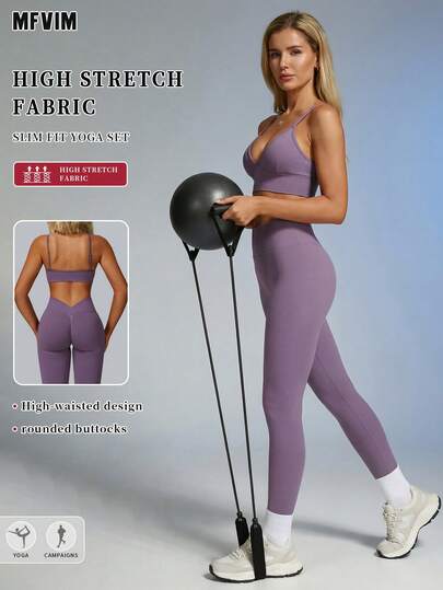  MFVIM 紫色女士无缝弹力运动文胸和高腰紧身裤套装，修身塑形提臀，透气舒适休闲运动服，适合户外跑步、骑行、瑜伽、普拉提、健身房锻炼
