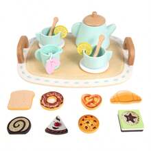 1 Set Wooden Children's Pretend Play Afternoon Tea Set, Includes Tray, Cups, Desserts, Suitable For Children 3+