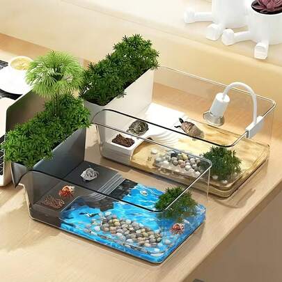 Desktop Terrarium, Tabletop Aquarium, Crab Tank, Floor-Standing High Transparency Aquarium, Dry-Wet Separation, Simulating Natural Habitat, Amphibious, With Sunlight Platform And Feeding Area, Suitable For Reptiles, Easy To Clean, Turtle Aquarium, Reptile Breeding Box, Pet Lovers