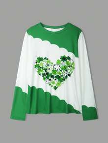 Áo thun dài tay cổ tròn dáng casual dành cho nữ hiệu DEAR MOLLY, họa tiết hình học cỏ ba lá và trái tim, kiểu dáng thời trang, thích hợp cho ngày lễ, là item không thể thiếu trong tủ đồ mùa xuân/thu, chất liệu mềm mại và thoải mái, phù hợp cho các hoạt động thường ngày và tụ họp. - Nhiều màu - Xem 4