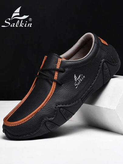 Salkin New Designer Handmade Men's Loafers Lace-Up Casual Shoes, Black Driving Shoes With Affordable High-End Feel, Lightweight, Breathable, Soft & Comfortable Moccasin, Non-Slip Rubber Sole, Flat Leather Shoes For Outdoor, Spring/Summer/Autumn, Gift For Men. Note: Runs Small, Suggest Ordering One Size Up.