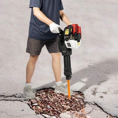 RibasuBB Gas-Powered Demolition Jack Hammer - 1900W, 20-55J Impact Energy, Low Noise, Easy Start, With Point & Flat Chisels For Concrete & Rock Breaking Tasks