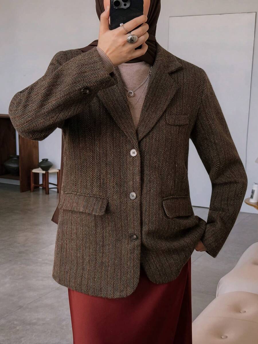 DAZY 女士宽松商务休闲格子羊毛加厚外套，秋冬斋月时尚款