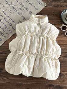 1pc Beige Drawstring Tie Children's Jacket, Casual Stand Collar Cotton Padded Coat, Girls Warm Outerwear For Autumn/Winter, Elastic Cuffs + Bow Tie Design - Champagne - View 1