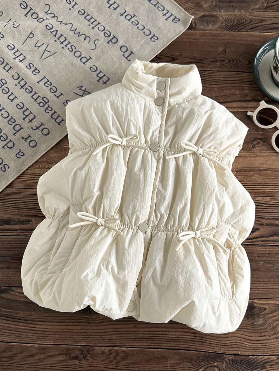 1pc Beige Drawstring Tie Children's Jacket, Casual Stand Collar Cotton Padded Coat, Girls Warm Outerwear For Autumn/Winter, Elastic Cuffs + Bow Tie Design - Champagne - View 1