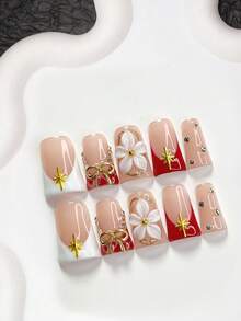 10pcs Elegant & Luxurious Acrylic Nail Art Set, Includes Press-On Coffin Nails, Almond Nails, Duck Billed Nails, French Nail Stickers, Alloy Bowknots, Star Nail Decorations, Champagne Rhinestone Nail Stickers, Red Nail Polish, White Glitter Gel, White Floral Nail Decals, And Tools (1 Jelly Sticker + 1 Nail File). Suitable For Women To Wear To Parties, Holidays, Weddings, And Makes A Great Gift. Nail Supplies Handmade Press On Nails - Multicolor - View 18