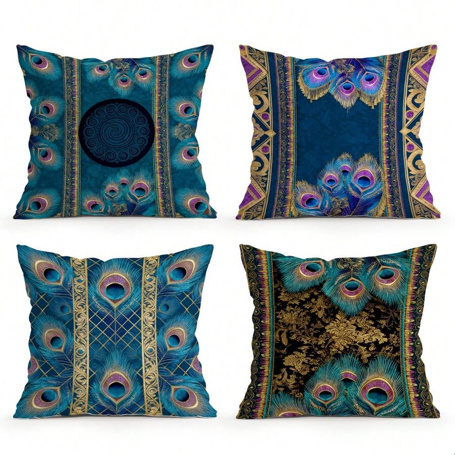 4pcs Bohemian Peacock Feather Pattern Pillow Covers, Single-Sided Printed Cushion Covers, Suitable For Living Room, Bedroom, Home Decor, All Season - Multicolor - View 1