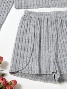 Nina Bonheur 两件套女士舒适半镂空长袖睡衣套装 + 侧开衩短裤睡衣 - 灰色 - 查看 7