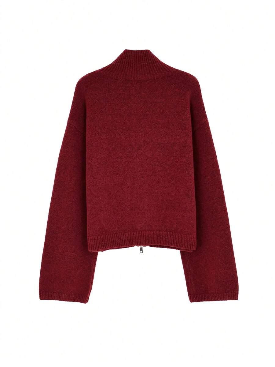 Áo cardigan len cổ cao nữ, tay dài gân co giãn hai chiều, cài nút giả, thanh lịch & thường ngày, Xuân/Thu/Đông - Màu Đỏ Sâu - Xem 1