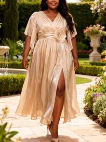 Women Plus Size Apricot Soft Satin Finish Elegant Dress With 3D Flower High Slit Wedding Evening Party - Màu be - Xem 4