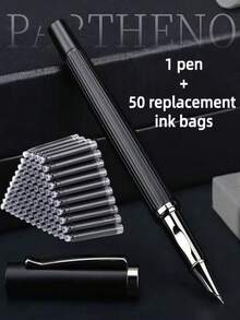 51pcs Metal Fountain Pen Ink Cartridge Set, Black Metal Business Fountain Pen, Office & Study Stationery, 1 Fountain Pen + 50 Refill Ink Cartridges - Black - View 1