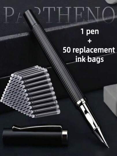 51pcs Metal Fountain Pen Ink Cartridge Set, Black Metal Business Fountain Pen, Office & Study Stationery, 1 Fountain Pen + 50 Refill Ink Cartridges