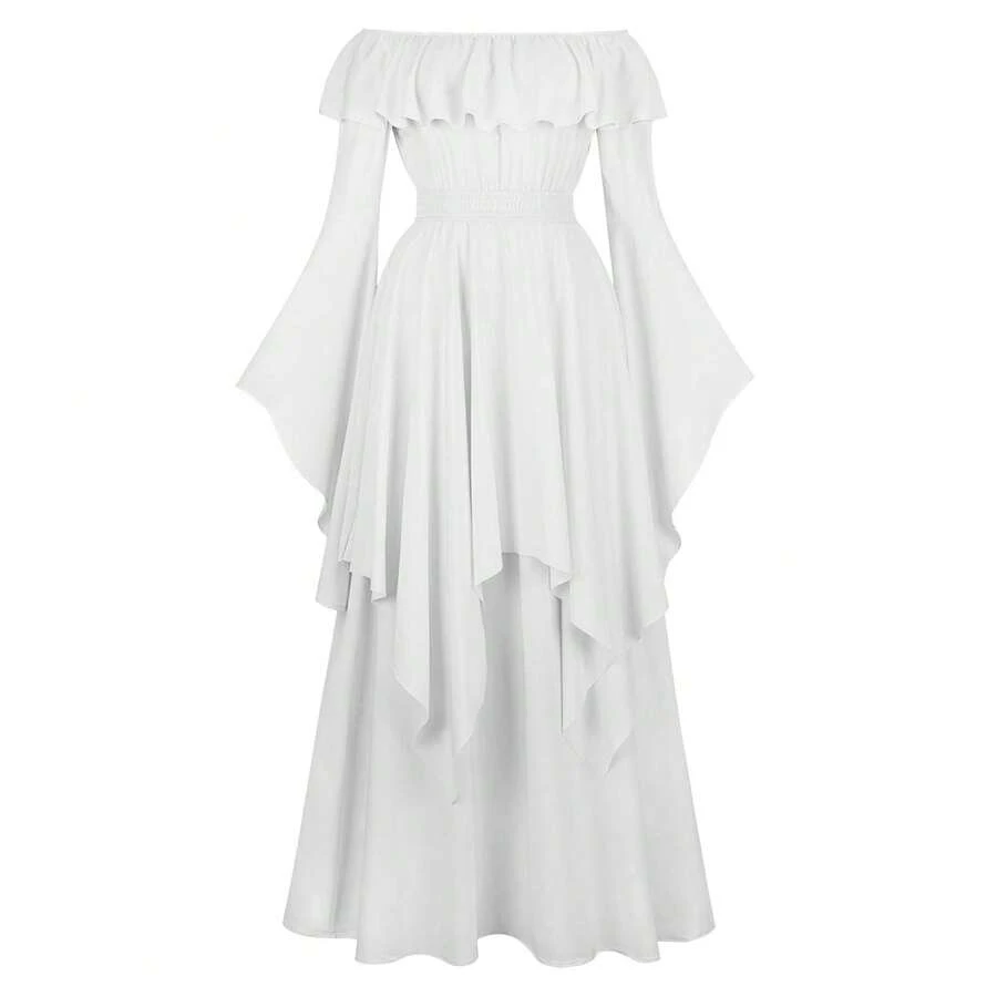 2025 COS Women's Vintage Medieval Dress With Elastic Waistband, High Waist, Renaissance Long Dress, Role Play Costume - 白色 - 查看 1