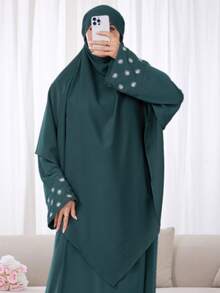 2pcs Set: Khimar Hijab Prayer Headscarf + Abaya With Embroidered Cuffs, Loose & Comfortable Muslim Clothing For Women, Suitable For Daily Wear And Prayer, All Season - 彩色 - 查看 13
