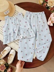 Girls' Blue Plaid Cherry 2 Pieces Set: Ruffle Trim Sleeveless Top + Wide Leg Pants, Children Sweet Casual Summer Outfit, Vacation Style - Multicolor - View 1