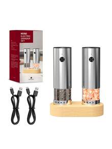 CLITON 迷你電動胡椒鹽研磨器,300mAh Type-C可充電,可調節研磨,陶瓷研磨芯,不鏽鋼材質,可視香料,附防塵蓋。單件或2件組附木製底座,適用於廚房與露營,完美禮物 - 彩色 - 查看 12