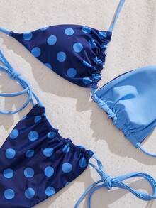 女士复古波点双面蓝色比基尼泳装，夏季套装/沙滩装/生日装/休闲装/Y2K/2000年代/千禧年时尚/优雅/老钱风/街头风/度假装/女孩沙滩装 - 藍色 - 查看 11