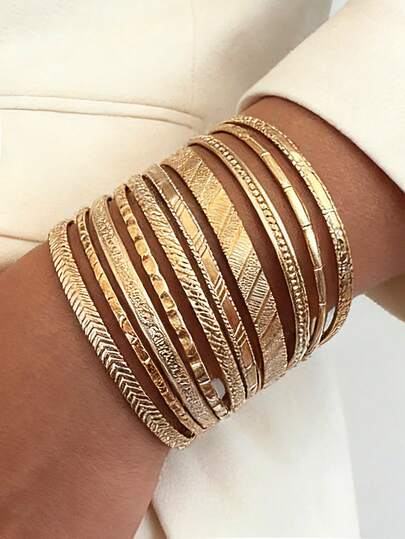 10pcs Vintage Elegant Bohemian Style Metal Hammered & Floral Pattern Bangle Bracelet Set, Suitable For Women's Daily, Party, Date, Holiday, Wedding, Festival Gift