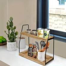 Bathroom Organizer Countertop, Counter Organizer, 2-Tier Standing Storage Shelf With Basket, Wood Tray For Skincare Vanity Organizer, Countertop Storage Shelf For Organizing Bathroom Kitchen Office Desk Vanity Cosmetic Balcony - 木質色 - 查看 7