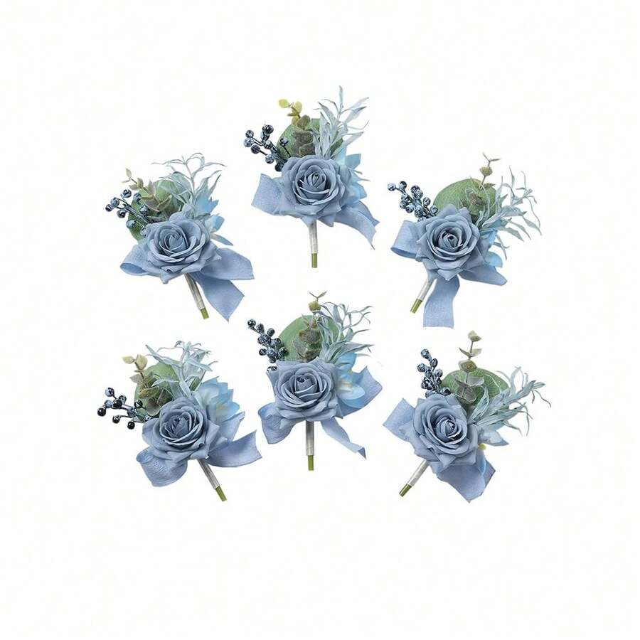 Dusty Blue Rose Boutonniere For Men,Set Of 6,Groomsmen Groom Boutonnieres For Wedding Corsage Ceremony Anniversary, Formal Dinner Party, Fall Vintage Rustic Marriage Prom Flower,6pcsBlueBoutonnieres - 6個藍色胸花 - 查看 1