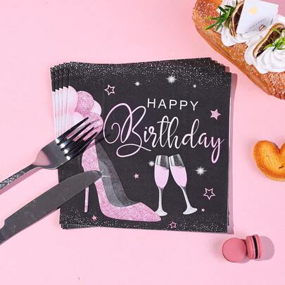 20/40/60/100PCS,Black & Pink Glitter Happy Birthday Disposable Napkins - High Heel & Champagne Pattern Tableware For Bachelorette Birthday Celebration,Glamorous Happy Birthday Paper Napkins With Pink High-Heel, Champagne Glasses & Stars On Black Glitter Background – Exquisite Patterns, Perfect For Women's Birthday Parties, Adding A Sparkling Touch To Every Celebration